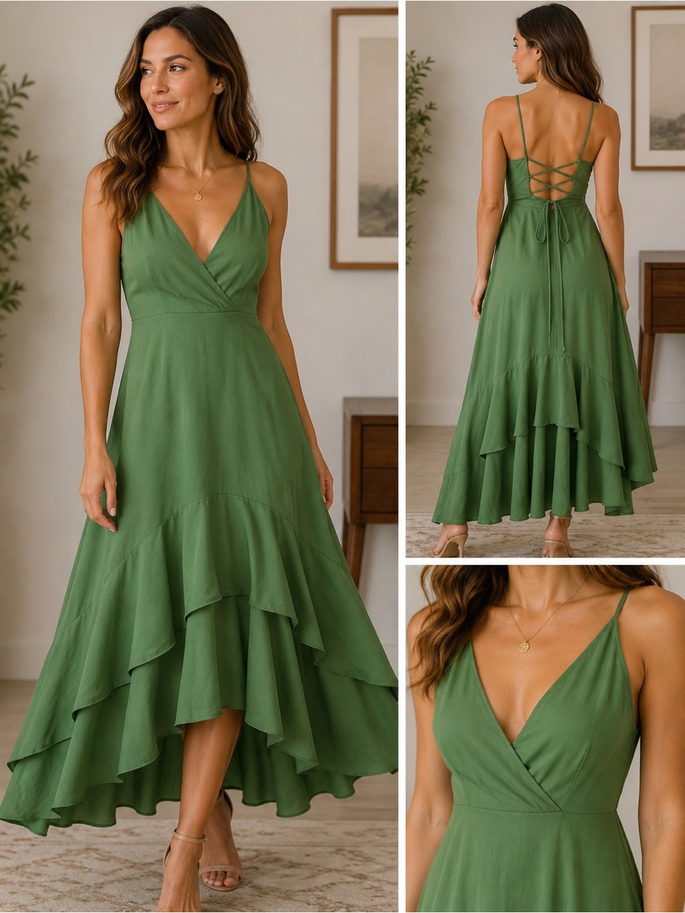 Green V-Neck High-Low Ruffle Dress